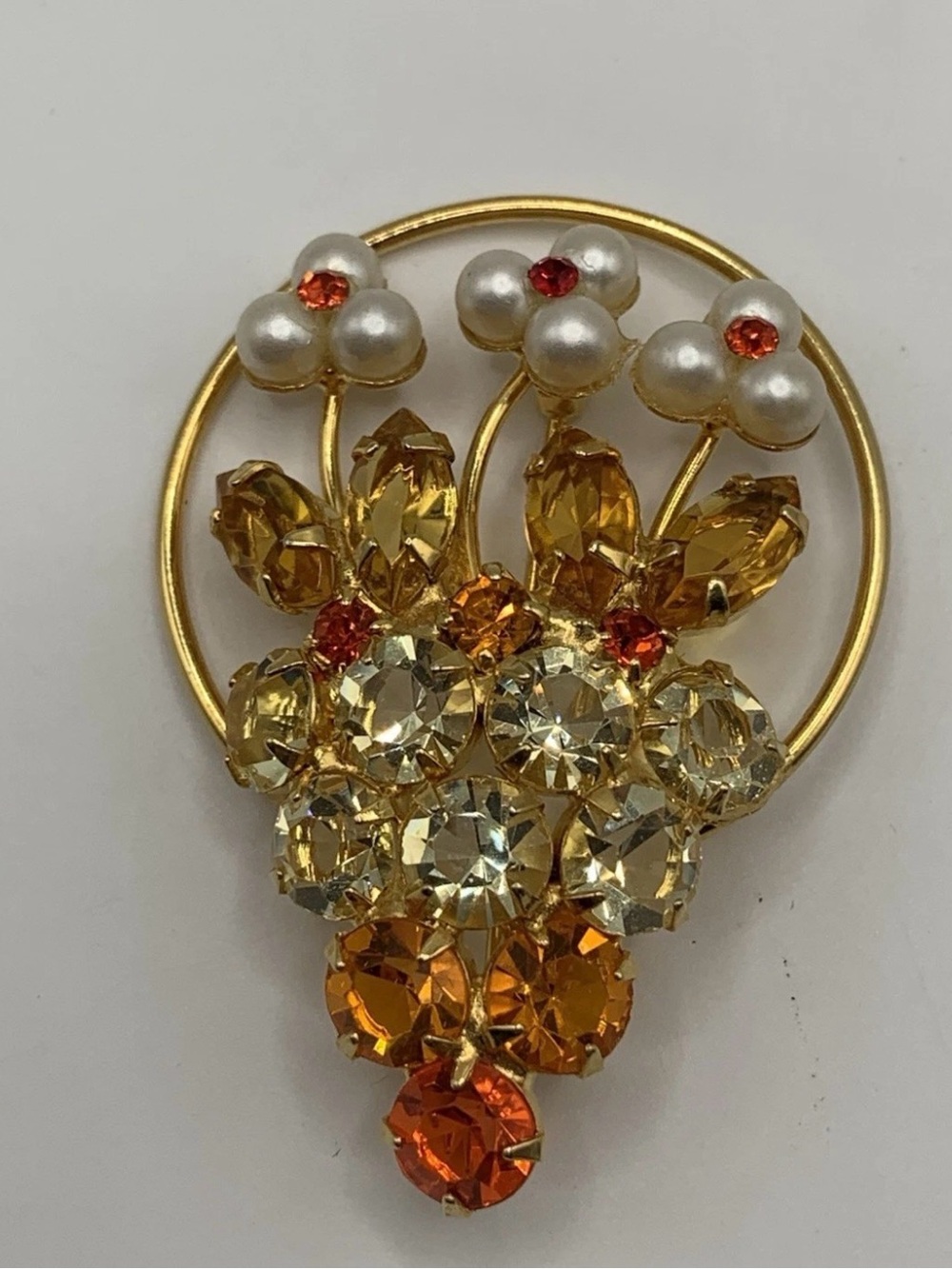 Vintage Rhinestone Faux Pearl Floral Basket Brooch Gold Tone